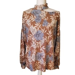 Lovely J Floral Cut-out Mock Neck Top Brown And Blue Balloon Long Sleeve Size M